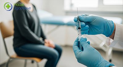 Медсестра держит шприц перед пациентом